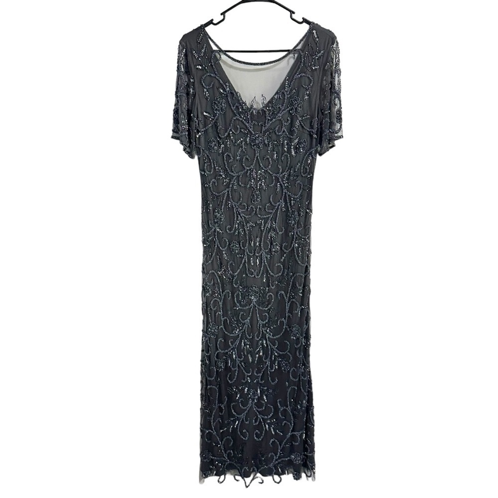 Pisarro Nights Beaded Mesh Column Short Sleeve V-Neck Gown in Slate Size 10 NWT - Picture 2 of 8